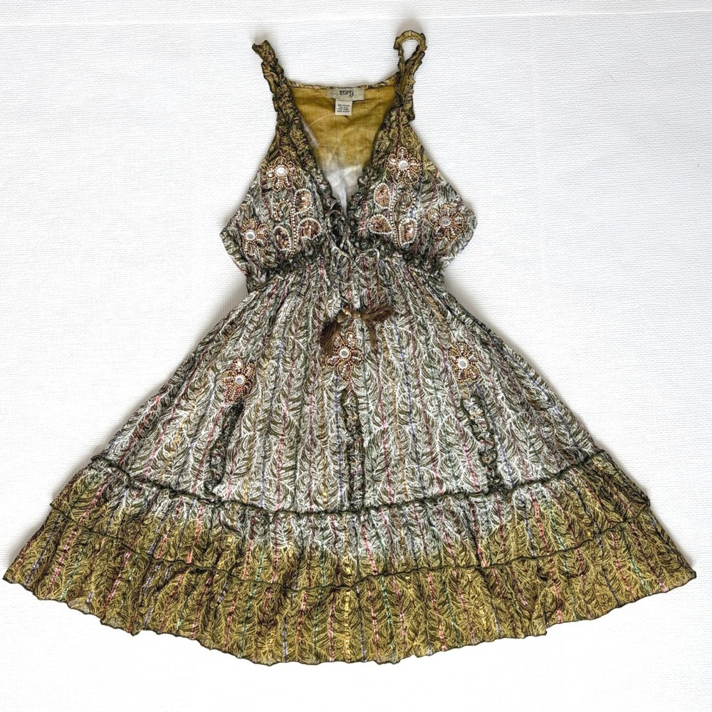Zury Dress Embellished Boho Paisley Mini Free Size Green Gold